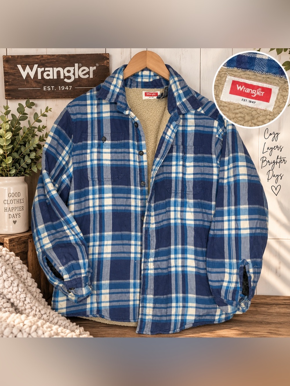 Wrangler Blue and Cream Plaid Sherpa-Lined Shirt Jacket